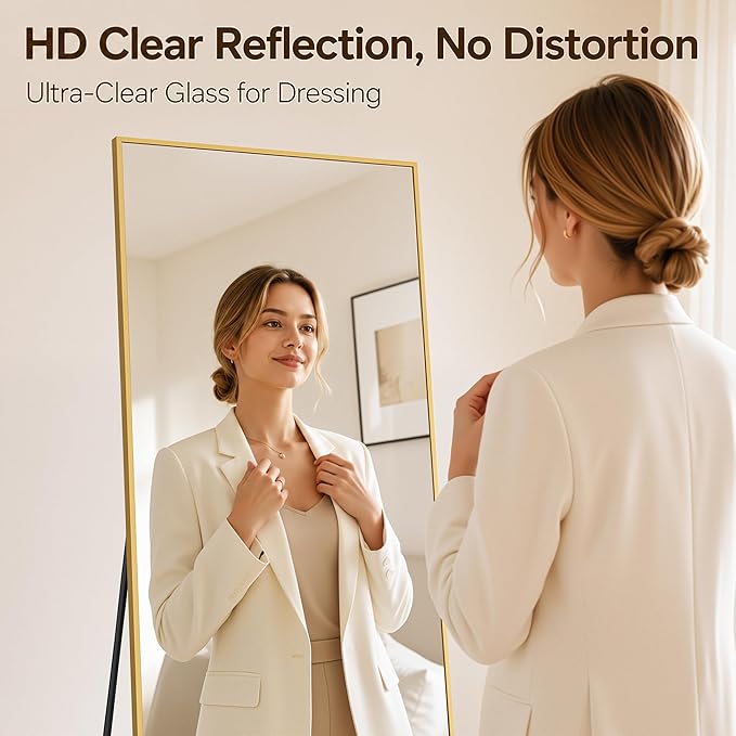 Antok Full Length Mirror, 46"x90" Floor Mirror with Stand, Hanging Mounted Mirrors for Bedroom, Living Room, Cloakroom, Dining Room, Gold, Rect