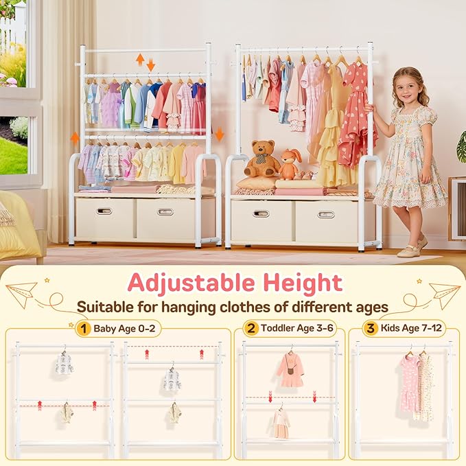 Kids Clothes Rack with 2 Tier Storage Racks and 2 Adjustable Hanging Poles, Small Baby Closet Organizer for Hanging Clothes, Kids Dress-Up Rack (Upgrad, White)