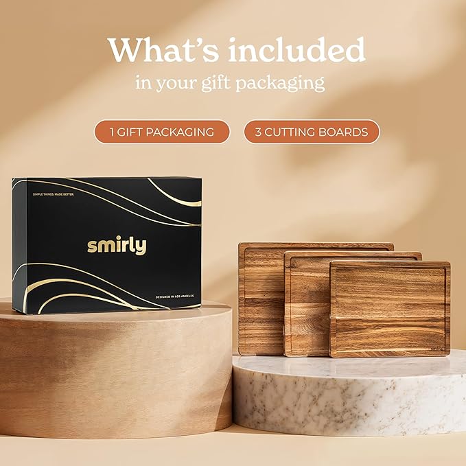 SMIRLY Acacia Wood Cutting Boards for Kitchen - Wood Cutting Board for Meal Prep, Serving, Charcuterie - Kitchen Gadgets, House Warming Gifts - Wooden Chopping Board Set of 3