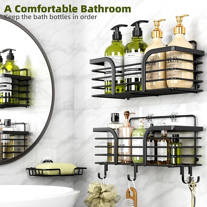 Yougai Shower Caddy, Shower Organizer with Soap Holder and Hooks, Rustproof Shower Shelves, No Drilling Bathroom Organizers and Storage, Wall-Mounted Kitchen & Home Decor (Black)