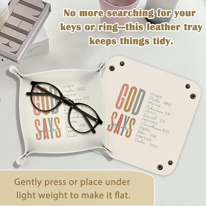 Christian Gifts Jewelry Valet Tray for Women, Inspirational God Says You Are PU Leather Catchall Beside Caddy Nightstand Organizer Tray for Jewelry Rings Watches and Accessories, 7.87x7.87in