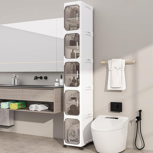 5-Tiers Slim Bathroom Storage Cabinet, Foldable Storage Cabinets,Narrow Bathroom Storage,Movable Bathroom Storage Organizer for Small Spaces,Bathroom,Kitchen,Laundry,White