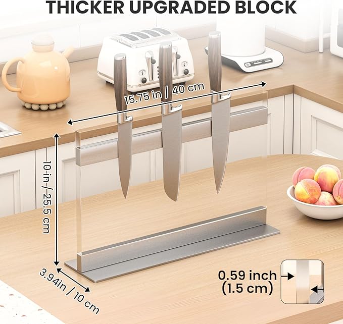 THMINS Acrylic Magnetic Knife Block, Large Transparent Magnetic Knife Holder Double-Sided Magnetic Kitchen Countertop Universal Knife Display Stand Multifunctional Storage