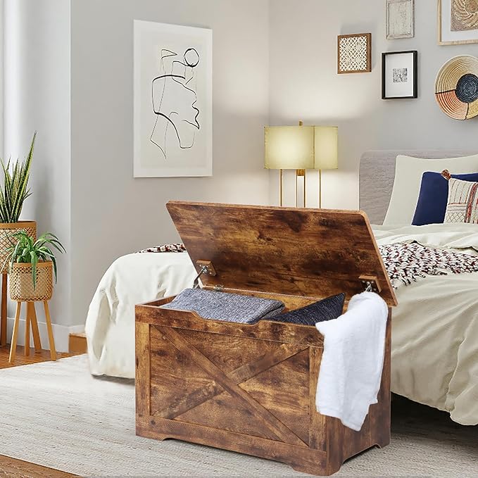 Timberer Storage Chest, Wooden Storage Bench, Entryway Shoes Bench with 2 Safety Hinges, Retro Storage Trunk for Living Room, Bedroom, 15.7 x 31.5 x 18.9 Inches, Rustic Brown
