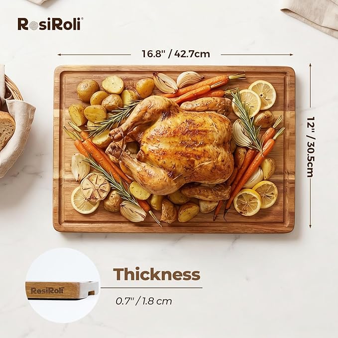 Acacia Wood Cutting Board for Kitchen - 17"x12" Large Chopping Board with Juice Grooves & Handles, 0.7" Thick Butcher Block for Meat and Veggies, Gift for Mom & Women