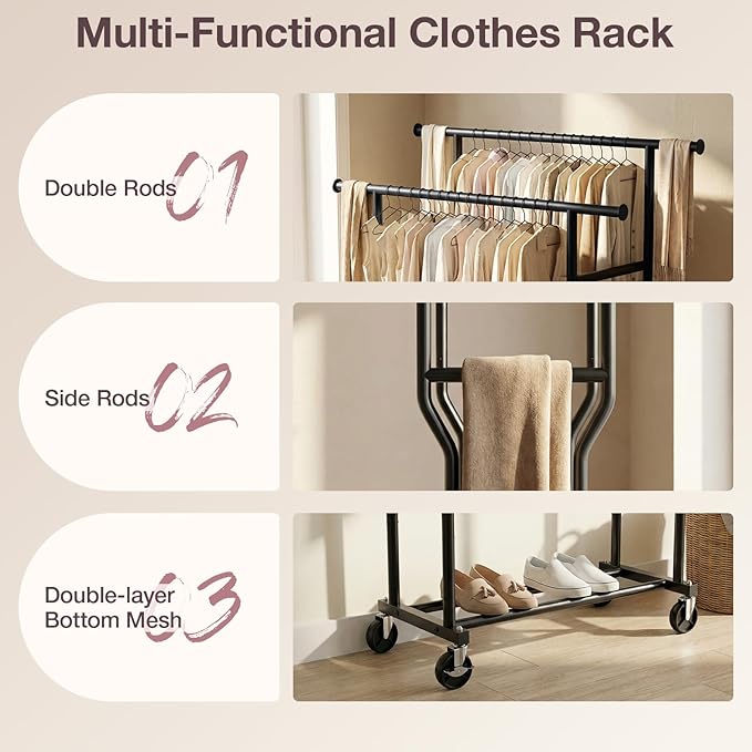 Clothes Rack, Double Rods Rolling Clothing Rack for Hanging Clothes Load 260 LBS Closet Rack with Wheels, Metal Portable Garment Rack for Bedroom Laundry Living Room, Black