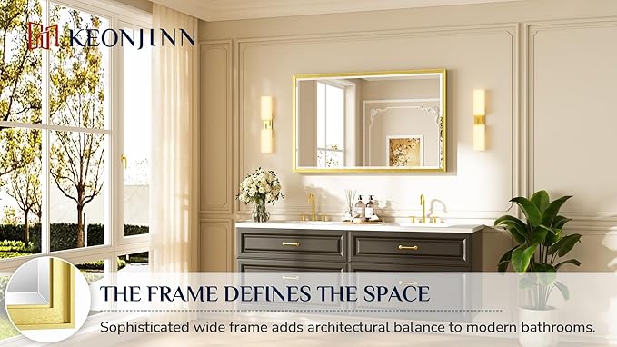 Keonjinn 48" x 30" Brushed Gold Bathroom Mirrors for Over Sink, Gold Framed Mirror, Beveled Tempered Glass, Shatterproof, Rectangle Bathroom Vanity Mirror for Wall Decor, Modern Transitional Style