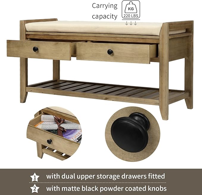 LUMISOL Storage Bench, Shoe Rack with Upholstered Seat and 2 Drawers, Solid Wood Entryway Storage Bench with Shoe Rack for Entryway, Living Room, Bedroom, Antique Navy