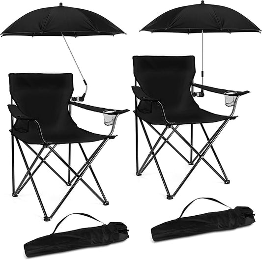 2PCS Camping Chairs with Detachable Umbrella, HaSteeL Folding Beach Chair for Adults, Large Portable Foldable Chair for Outdoors Fishing Hiking Travel Picnic Lawn, Supports 275lbs, Storage Bags, Black