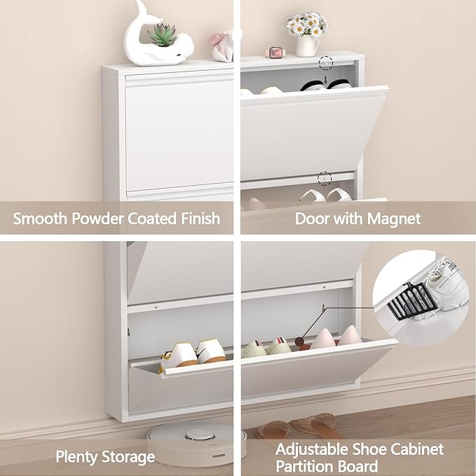 GREATMEET Slim Wall Mounted Metal Storage Cabinet with 3 Flip Drawers, Steel Hidden Shoe Cabinet Storage for Entryway, Modern Narrow Shoe Rack Organizer Cabinets for Entrance, Mudroom, Hallway, White