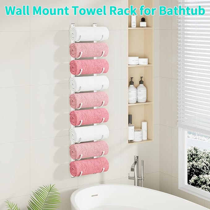 HapiRm Rolled Towel Racks for Bathroom - 9-Tier Over The Door & Wall Mounted Bathroom Towel Storage, Hanging Metal Organizer for Towels & Bath Sheets, Space Saving Rack for Bathroom, Camper, RV, White