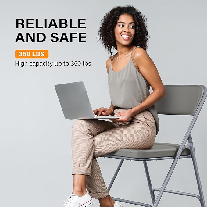 VINGLI Padded Folding Chairs with Thick Seat Cushion, Portable, Durable & Extra Comfortable Foldable Chairs for Indoor & Outdoor Events, Banquet, Party, Dinning, Work, Craft, PU, Gray, 2 Pack