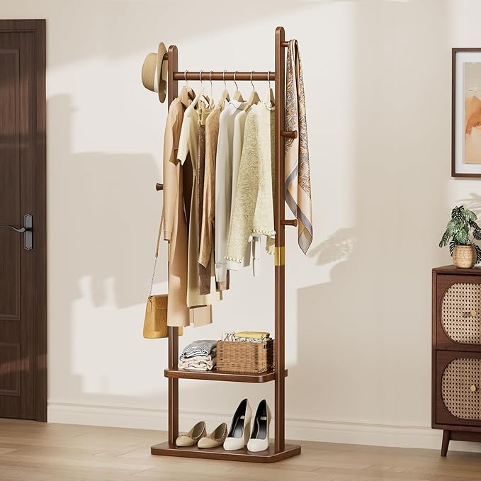 Taitiy Solid Wood Coat Rack, Freestanding Clothing Rack with 2 Shelves Storage & 5 Hooks, Heavy Duty Clothes Rack Stand for Hall, Bedroom, Living Room