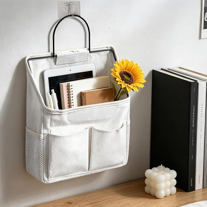 Bedside Caddy, Bedside Hanging Storage Organizer forBunk and Hospital Beds,College Dorm Bed，Can be Placed Glasses Books Mobile Phones (Bedside Caddy + Wall Hanging Bag (White))