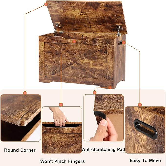 Timberer Storage Chest, Wooden Storage Bench, Entryway Shoes Bench with 2 Safety Hinges, Retro Storage Trunk for Living Room, Bedroom, 15.7 x 31.5 x 18.9 Inches, Rustic Brown