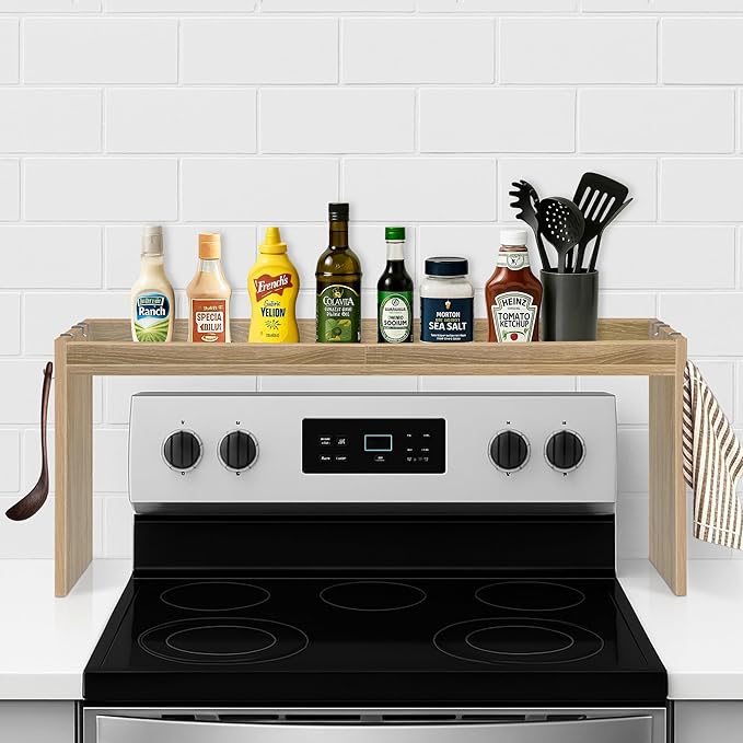 Over the Stove Shelf, Wood Stove Top Shelf, 31.5" Stove Top Organizer Shelves with 6 Hooks,11.5" Height Over Stove Spice Rack for Kitchen, White Oak
