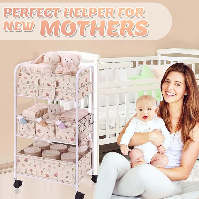 Yookeer 2in1 Baby Diaper Caddy Organizer Cart 3 Tier Large Capacity Metal Utility Bedside Rolling Cart with Divider Newborn Registry Gift Nursery Essential Must Have Bedroom Baby Shower(White,Flowers)