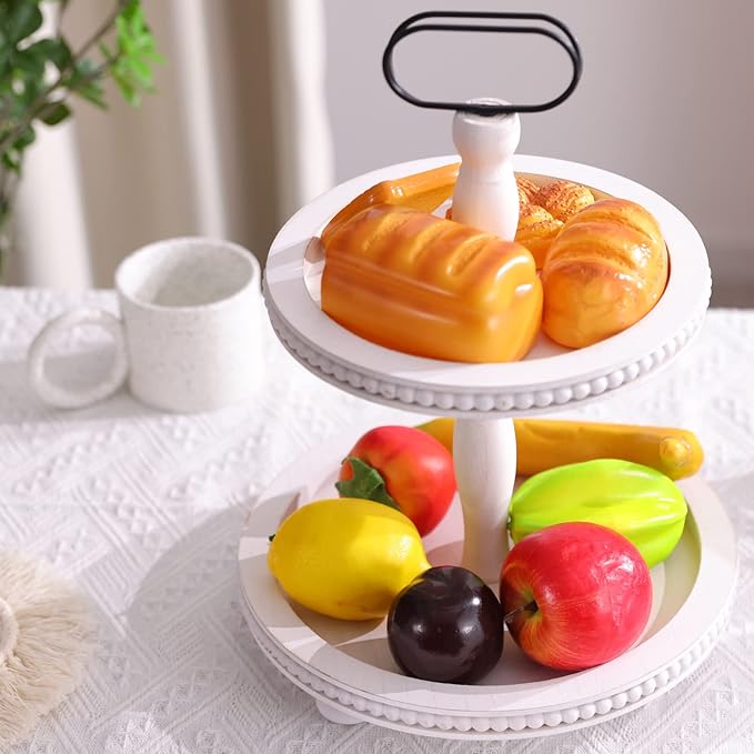 Urban Deco Wooden Decorative Tray Two Tiered Trays Decorations Round Serving Tray with Metal Handle, Wooden Cupcake Stand for Party Tiered Dessert Stand - Retro White Farmhouse Wood Tray