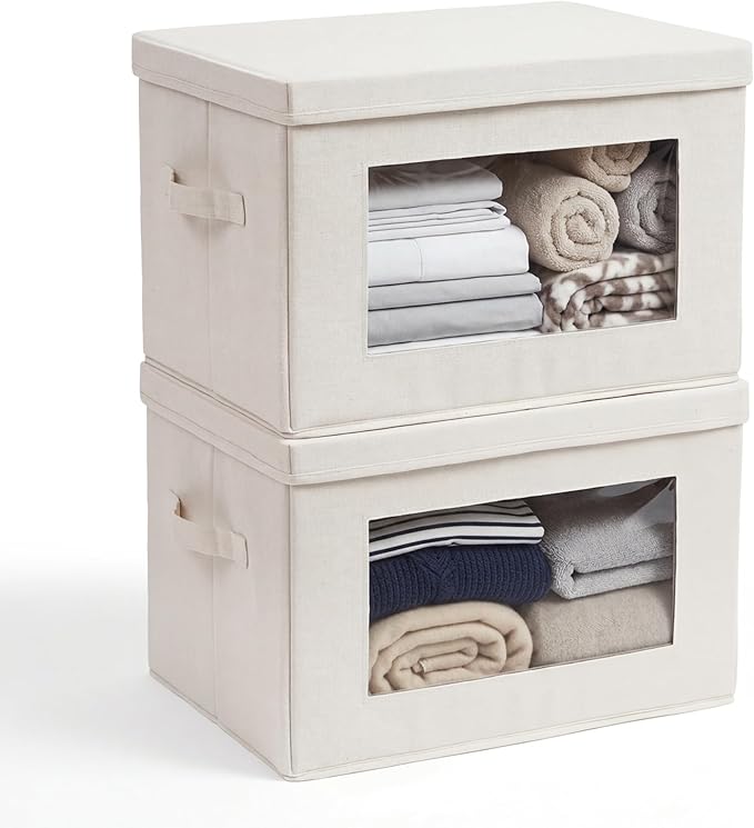 2-Pack Collapsible Storage Bins with Lids, Linen Fabric Foldable Storage Boxes, Cube Closet Organization for Clothes, Blankets, Books, Beige