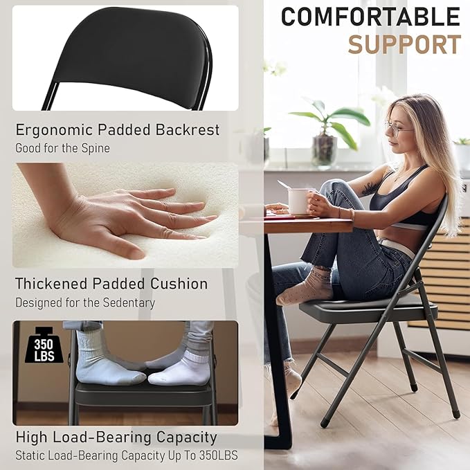 10 Pack Folding Chairs with Padded Seats, Metal Frame with Pu Leather Seat & Back, Capacity 350 lbs, Black