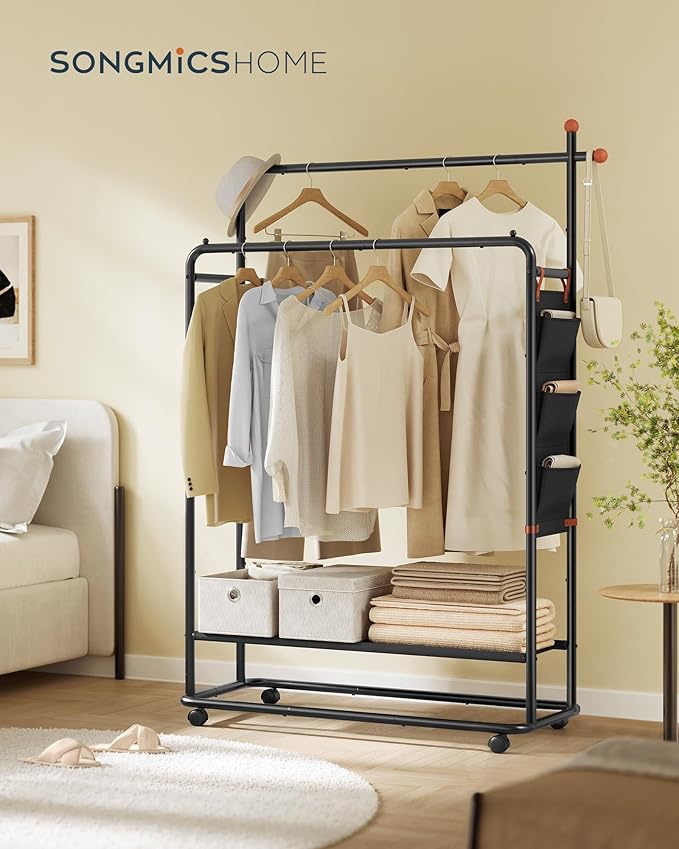 SONGMICS HOME Double-Rod Clothes Rack, Clothing Rack on Wheels, Portable Garment Rack, with 2 Clothes Hanging Rails, Fabric Shelf and Storage Bag, Matchstick-Shaped Hooks, Ink Black UHSR171B01