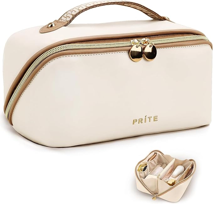 Prite Makeup Bag for Women Travel Waterproof Vegan Leather Cosmetic Bag Open Flat Toiletry Bag With Clear Divider and Handle (Beige, Large)
