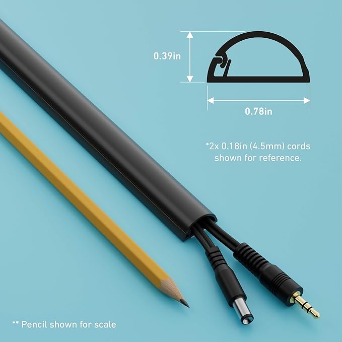 D-Line 15.7in TV Cord Hider, Patented Half Round Cable Cover, Hide Wall Mount TV Wires, Hinged One-Piece Cable Concealer, Adhesive, Decorative Raceway - 0.78in W x 0.39in H x 15.7in L - Black