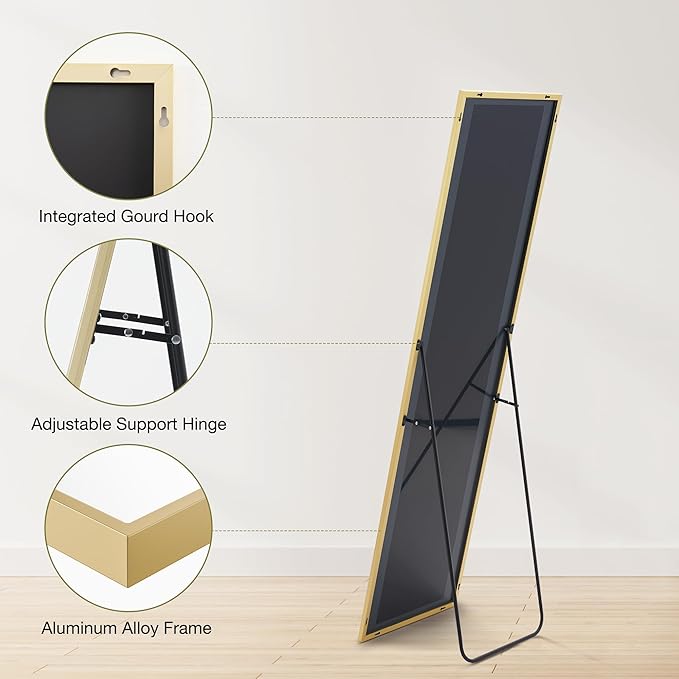 OLIXIS Full Length Mirror for Bedroom, 56"x15" Full Body Mirror with Stand, Hanging or Leaning for Wall, Aluminum Alloy Thin Frame Floor Standing for Living Room, Long, Gold