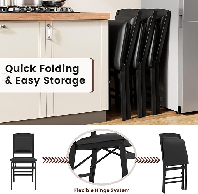 Giantex Folding Dining Chairs Set of 2, Black Wood Kitchen Chair w/Padded Seat, Solid Wood Frame, Max Load 400 Lbs, No Assembly, Easy to Store Foldable Wooden Dining Chairs for Apartment, Small Space