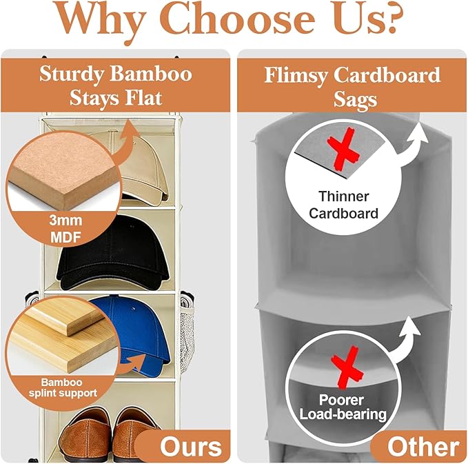 Hanging Shoe Organizer for Closet with 8 Shelves,Mesh Pockets-Wider Hanging Shelves for Shoes,Clothes,Hats With Sturdy Bamboo-Supported Design (Beige)