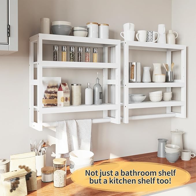 Bathroom Shelves with Hanging Bar Over Toilet Storage - Adjustable Wall Organizer (White)