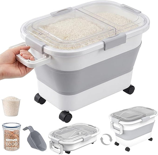 30 Lbs Rice Storage Container with Wheels, Collapsible Airtight Food Storage Container with Transparent Lid, Measuring Cup, Scoop, Handle, BPA Free Rice Holder for Pet Food, Grain, and Bird Seed