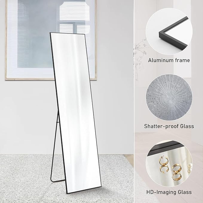 NEWBULIG 59.1"x15.7" Full Length Mirror, Full Body Floor Mirror with Aluminum Alloy Thin Frame, Wall or Standing Mirror for Bedroom, Living Room, Dressing Room, Black