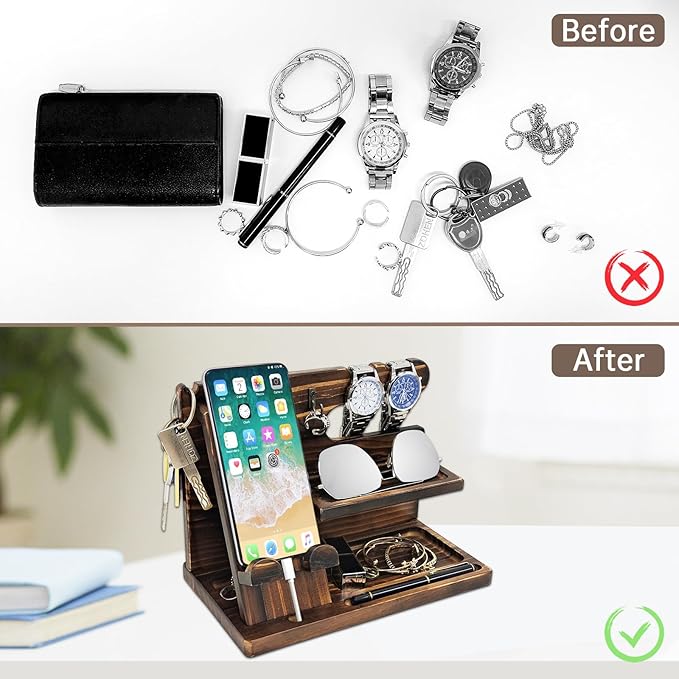 Gifts for Men Wood Phone Docking Station Birthday Gift for Men Valentines Day Gifts Father Gift for Him Boyfriend Nightstand Organizer Desktop Phone Stand (Update Brown)