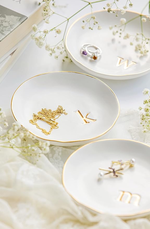 COLLECTIVE HOME - Ceramic Jewelry Tray, Decorative Trinket Dish for Rings Earrings Necklaces Bracelet Watch Keys, Birthday Mother's Day Christmas Gift for Women, 4.75", White Surface (R)