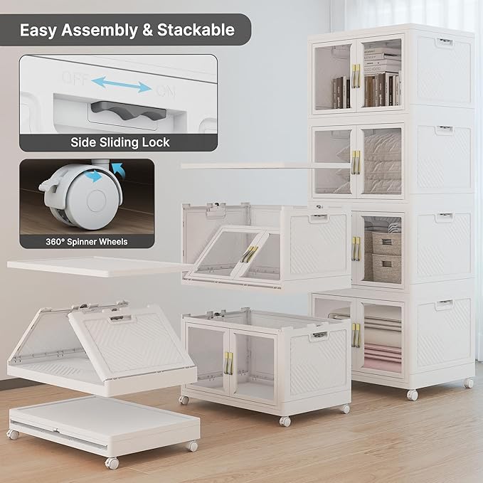 UAMFURI Stackable Storage Bins with Lids, Clear Doors, Large Storage Cabinet Foldable Collapsible Closet Organizers for Bedroom Dorm Office (4, White, 160, Quarts)