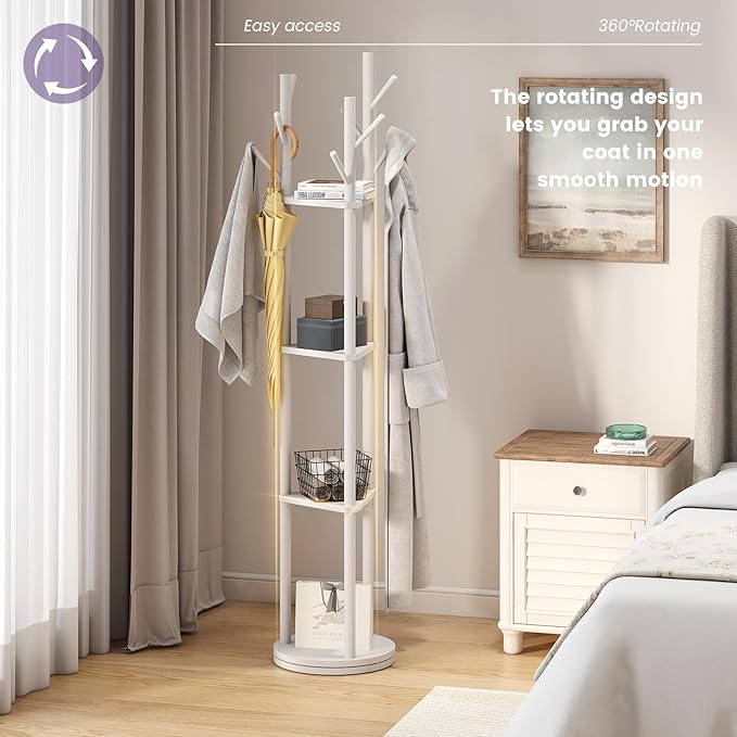 Rotating Coat Rack, Freestanding Coat Rack with 3 Shelves and 9 Hooks Clothes Organizer Coat tree for Bedroom, Entryway, Livingroom (Black)