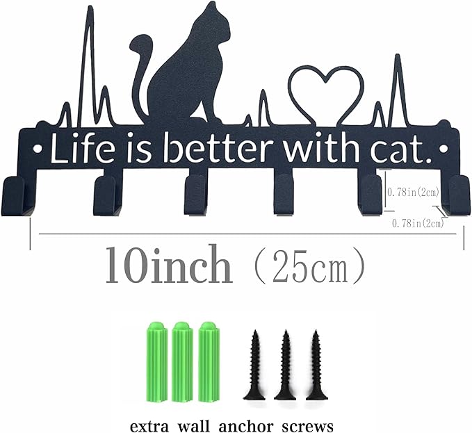Key Holder Wall Mount with 6 Hooks, Cute Cat Key Rack Organizer for Entryway, Kitchen, Office - Rustproof, Waterproof - Easy Installation,Gift for New Homeowners - 9.8inch/25cm