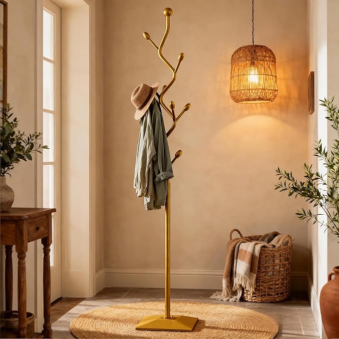 Coat Rack Freestanding gold Coat Tree with 8 Hooks, Creative Design Tree Branch-look, Standing Coat Rack Coat Hanger Stand with Stury cast iron Base for Entryway, Hallway, Bedroom (gold)