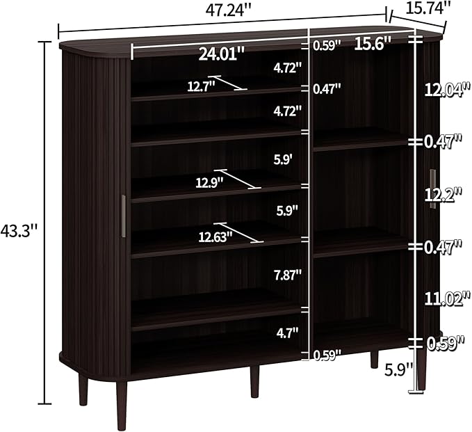 DHH Shoe Storage Cabinet with Sliding Door, 6-Tier Shoe Cabinet with Adjustable Shelves, Modern Freestanding Shoe Storage Organizer for Entryway, Hallway, Living Room (Dark Walnut, 47 ")