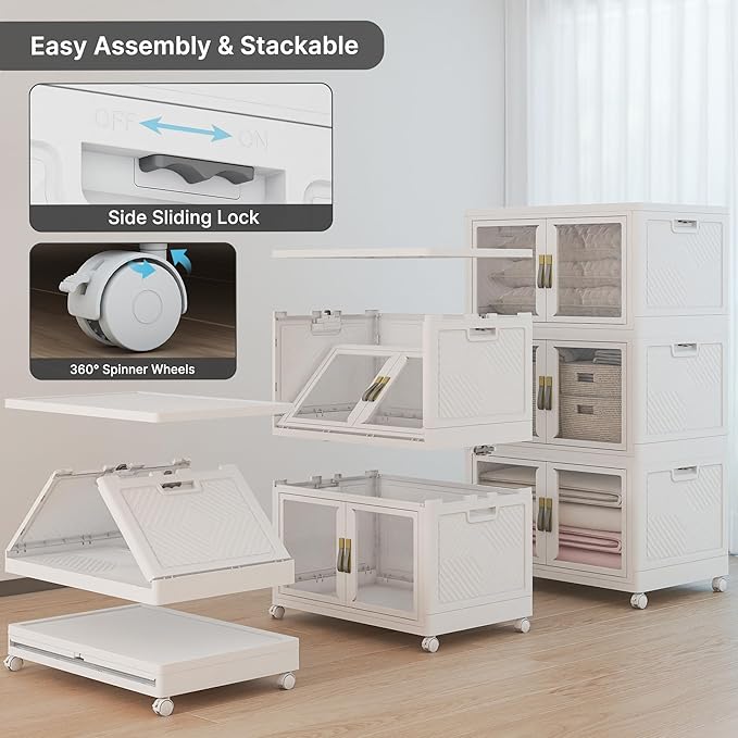 UAMFURI Stackable Storage Bins with Lids, Clear Doors, Large Storage Cabinet Foldable Collapsible Closet Organizers for Bedroom Dorm Office (3, White, 160, Quarts)
