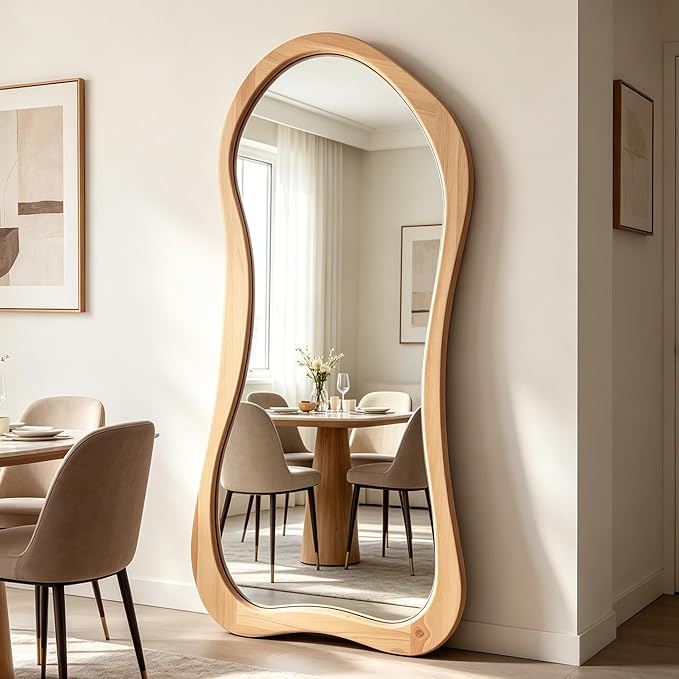 Large Irregular Mirror, 67"x31.5" Asymmetrical Full Length Mirrors with Solid Wood Frame, Organic Aesthetic Floor Mirror for Living Room Entryway Hallway Cloakroom, Leaning/Hanging
