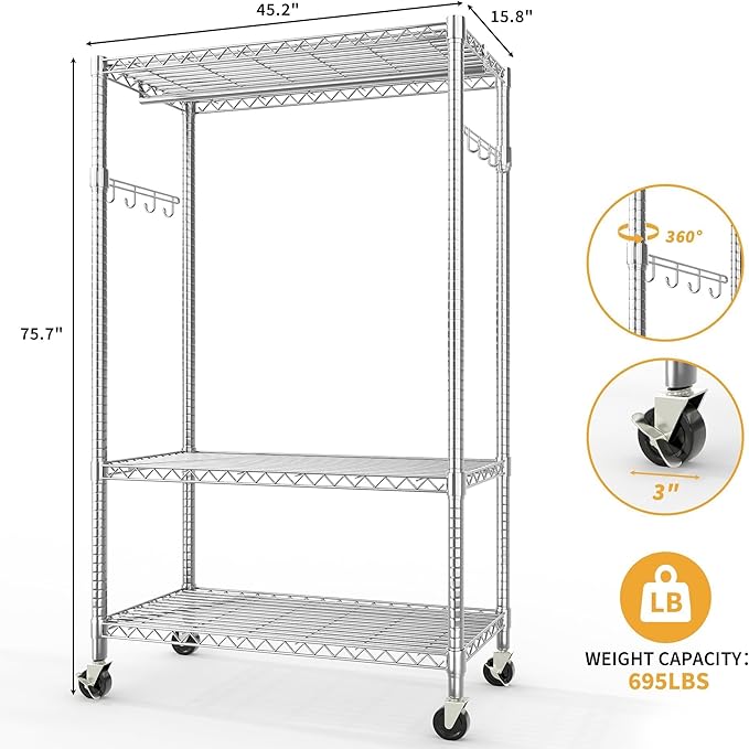 3-Tier Rolling Metal Garment Rack with Adjustable Shelves and One Hanging Rods, Heavy Duty Freestanding Clothing Organizer with Wheels for Bedroom, Closet, Dorm, or Laundry Room