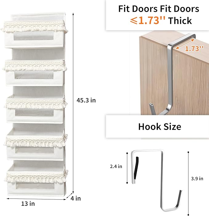 Aokeyee 5 Tier Over The Door Organizer Storage Nursery, Boho Door Organizer Hanging with Tassels and Clear Window, 65lb Behind The Door Storage for Baby Nursery, Bedroom, Bathroom