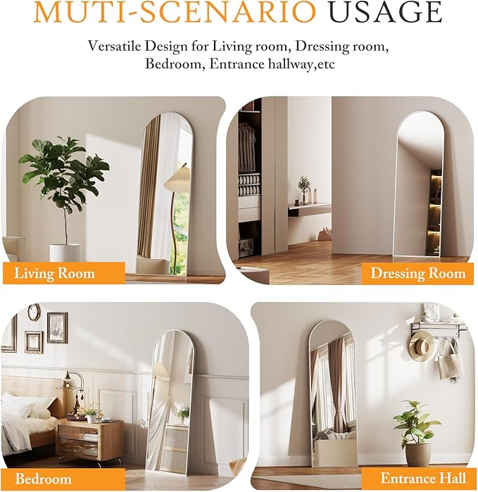 NEWBULIG 64"x21" Arched Full Length Mirror, Full Body Floor Mirror with Aluminum Alloy Thin Frame, Wall or Standing Mirror for Bedroom, Living Room, Dressing Room, Silver
