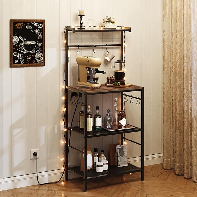 MAHANCRIS Bakers Rack with Power Outlet, Kitchen Storage Shelf with 6 Hooks, Microwave Stand with Storage, 4-Tier Coffee Bar Station, for Kitchen, Dining Room, Rustic Brown BRHR35E01