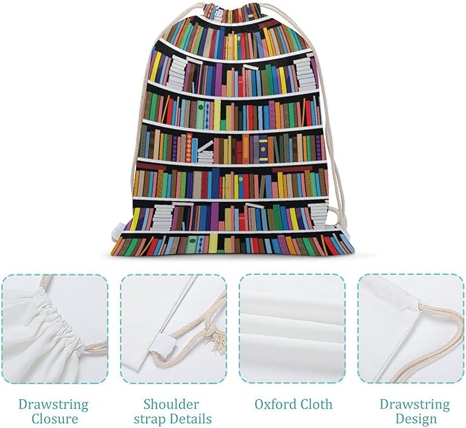 Vintage Library Bookshelf Canvas Drawstring Backpack Storage Bags for Gym Traveling 35x50cm