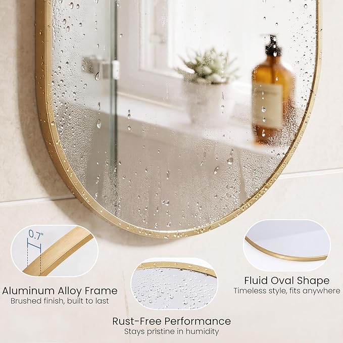 Sweetcrispy 24" x 36" Gold Bathroom Mirror for Wall, Oval Wall Mirror with Metal Frame, Tempered Glass, Modern Vanity Mirror for Over Sink, Living Room, Bedroom, Entryway, Horizontal or Vertical