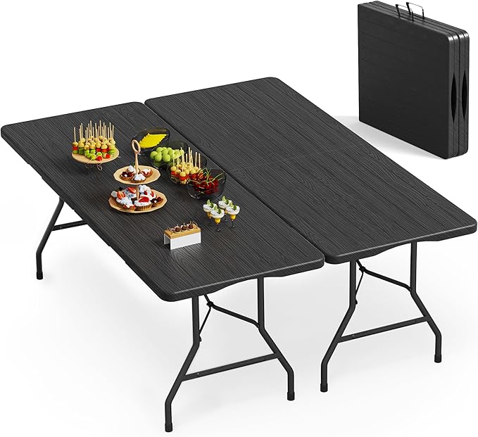 VSOAEIL Set of 2 6 Foot Folding Table for Indoor Outdoor, Portable Heavy Duty Fold-in-Half Utility Plastic Foldable Dining Table with Carrying Handle for Picnic, Camping and Party, 2 Pack Matte Black