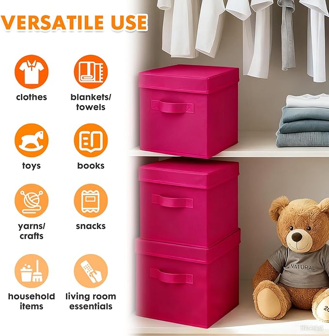 ShellKingdom Storage Bins, Foldable Fabric Storage Cubes with Lid, Clothes Storage Organizer Drawer For Closet Toys Storage, 13 X 13 X 13 INCH, 2 Pack (Fuchsia)